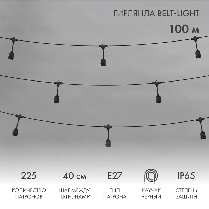 Гирлянда Белт-Лайт 2 жилы, 100м, шаг 40см, 225 подвесных патронов Е27, IP65, черный круглый провод каучук NEON-NIGHT