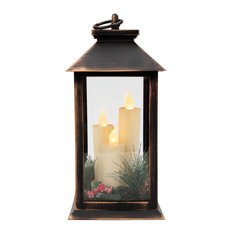 Декоративный фонарь со свечкой и шишкой, бронзовый корпус, размер 14x14x27 см, цвет теплый белый