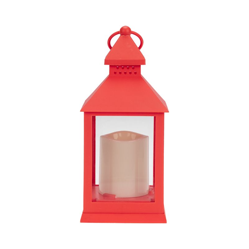 Декоративный фонарь со свечкой, красный корпус, размер 10,5х10,5х24см, цвет ТЕПЛЫЙ БЕЛЫЙ