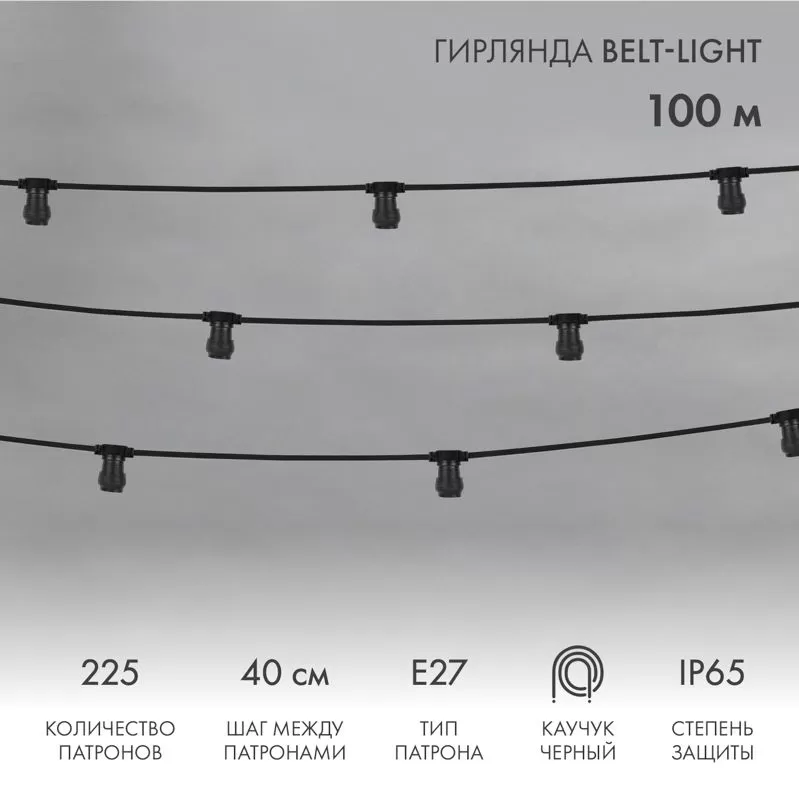 Гирлянда Belt-Light 2 жилы, 100м, шаг 40см, 225 патронов E27, IP65, черный провод NEON-NIGHT